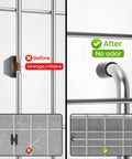 Heavy Duty Stainless Steel Kitchen Sink Grid With Centered Drain And Rounded Corners, showing before and after comparison for odor reduction.