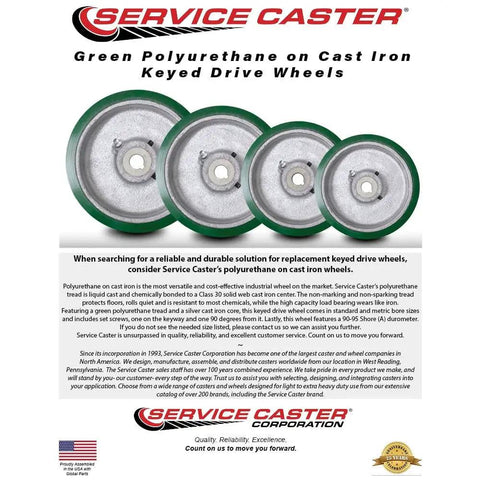 Green polyurethane on cast iron keyed drive wheels by Service Caster, various sizes shown for industrial and heavy equipment applications.