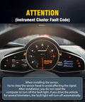 Close-up view of McLaren instrument cluster showing fault code and speedometer, illustrating vehicle diagnostics.