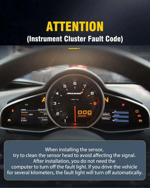 Close-up view of McLaren instrument cluster showing fault code and speedometer, illustrating vehicle diagnostics.