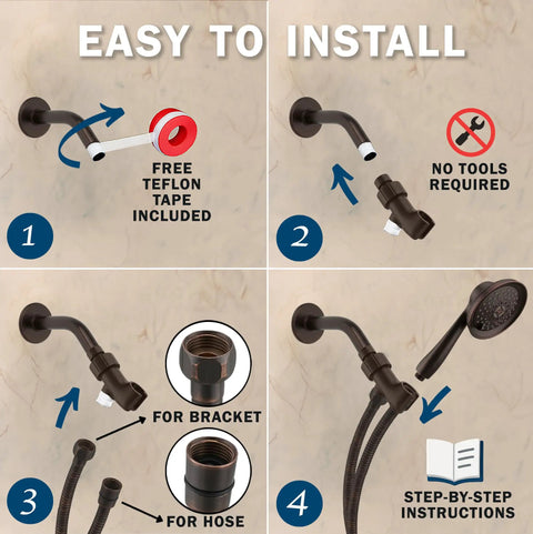Installation steps for Massage And Mist Handheld Shower Head Kit, showing hose and mount setup with included tools.