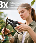 Woman using Ratchet Pruning Shears For Thick Branches, Heavy Duty Garden Clippers With 3 Step Ratchet, cutting small tree branch