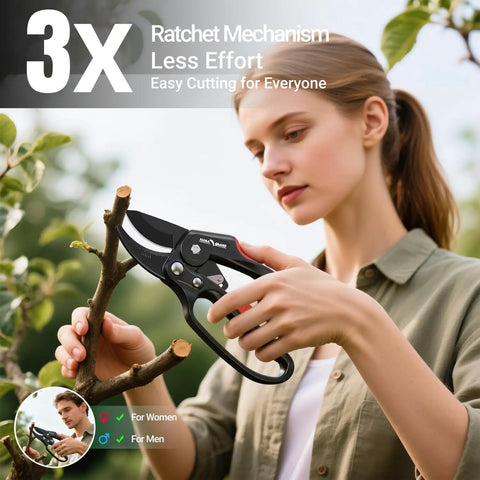 Woman using Ratchet Pruning Shears For Thick Branches, Heavy Duty Garden Clippers With 3 Step Ratchet, cutting small tree branch