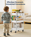 Child moving a Metal 3 Tier Rolling Cart With Lockable Wheels, Heavy Duty Utility Cart For Garage Or Workshop, in a living room setting