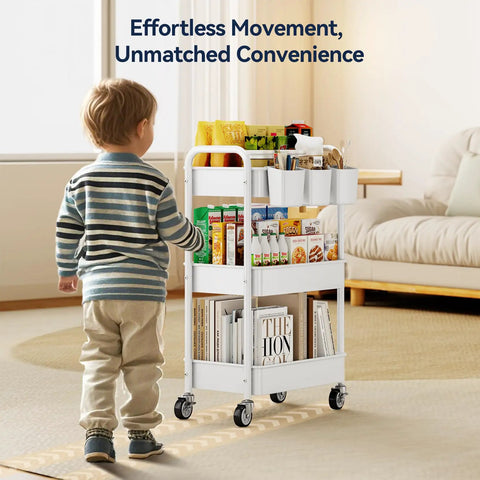 Child moving a Metal 3 Tier Rolling Cart With Lockable Wheels, Heavy Duty Utility Cart For Garage Or Workshop, in a living room setting