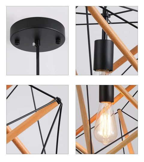 Dope Black Geometric Art Deco Pendant Light With Wood Accents Modern Industrial Hanging Fixture close-up of design and bulb