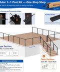 Modular 1+1 Post Kit illustration showing cable tensioner and handrail guide for Built Tough 42 Inch Modular Cable Railing Corner Post.