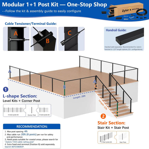 Modular 1+1 Post Kit illustration showing cable tensioner and handrail guide for Built Tough 42 Inch Modular Cable Railing Corner Post.