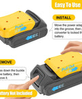 DeWalt 20V Battery Adapter with Beefy 14 Gauge Wire and Fuse Protection showing installation and removal process illustration