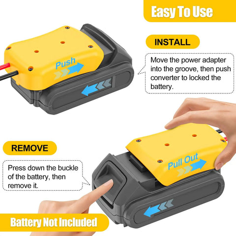 DeWalt 20V Battery Adapter with Beefy 14 Gauge Wire and Fuse Protection showing installation and removal process illustration