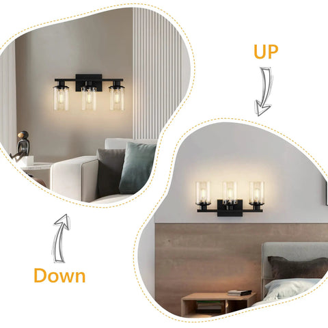 Dope Black Bathroom Vanity Light Fixtures Over Mirror 3-Light Wall Sconce With Clear Glass Shades in living room view