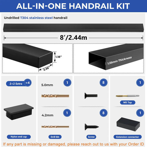 Eight Foot Modular Black Stainless Steel Handrail Engineered For Gutsy Zero Flex Rigidity On Cable Railing Systems kit components and dimensions.