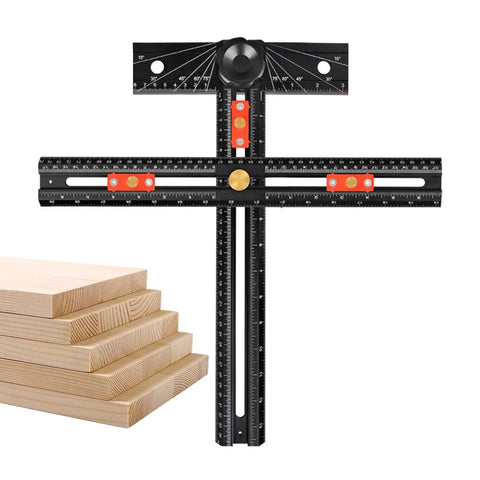 T Shaped Cabinet Pull Jig For Hit The Mark Drill Alignment and No Sweat Handle Installation With A Straight Shooter Design, detailed view with angle ruler and spacers.