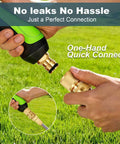 Person connecting Heavy Duty Solid Brass Garden Hose Quick Connect Set With 3/4 Inch GHT Leak Proof Connectors outdoors