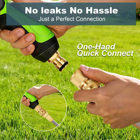 Person connecting Heavy Duty Solid Brass Garden Hose Quick Connect Set With 3/4 Inch GHT Leak Proof Connectors outdoors