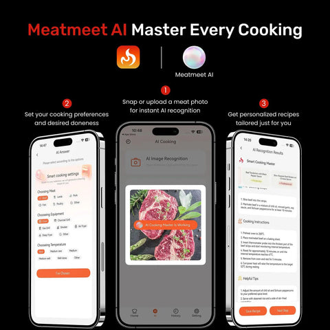 Mobile app interface for WiFi Bluetooth Smart Meat Thermometer With AI Cooking Assistant And App Control, IP67 Waterproof Probe