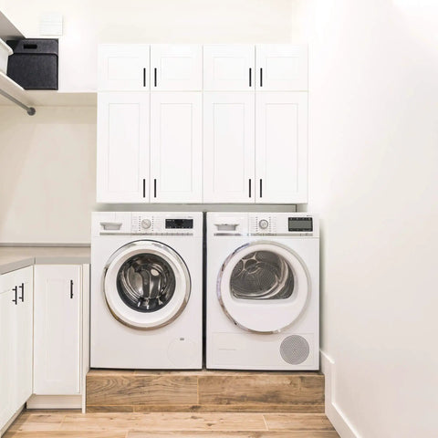 36 Inch White Corner Kitchen Cabinet With Dual Lazy Susan Spin Shelves And Smooth Operator Soft Close Doors Big Time Storage Solutions No Nonsense Daily Setup above washer and dryer.