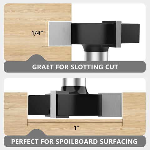 Side view of CNC Spoilboard Surfacing Router Bit Pro With One Quarter Inch Shank And One Inch Cutting Diameter shown cutting wood