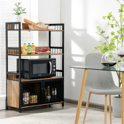 Built Tough 3 Layer Bread Rack And Industrial Kitchen Microwave Shelf With Double Door Storage Cabinet and Ventilated Grate Doors, 31.5 x 14 x 49.5 inches, with microwave and drinks.