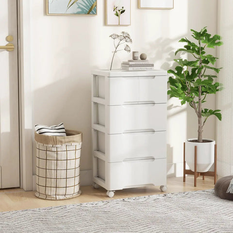 Five Drawer Rolling Storage Cart On Wheels White Plastic Organizer For Home Office And Living Room Mobile Cabinet With Three Large And Two Small Drawers Durable Vertical Storage Tower 16x13x31