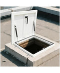 Rock Solid White Roof Access Hatch With Lockable Handle And Gas Struts Aluminum Galvanized Steel Maintenance Door open on flat roof