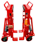 Economical Heavy Duty Hydraulic Machinery And Equipment Mover with adjustable red forks and polyurethane wheels, front view.