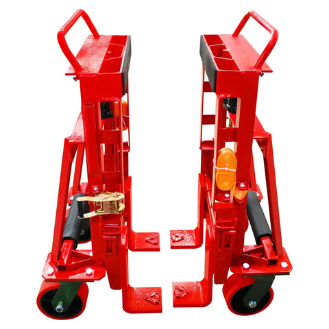 Economical Heavy Duty Hydraulic Machinery And Equipment Mover with adjustable red forks and polyurethane wheels, front view.