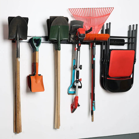 Garage In Wall Storage System With 48 Inch Track Heavy Duty Garden Tool Rack And Hangers Featuring 6 Adjustable Hooks For Relocatable Flexible Organization And Up To 450 Lb Max Load
