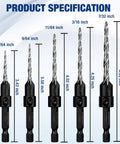 WORKPRO five-pack countersink drill bits set in black holders, sizes #4–#12, M2 HSS, 4-flute, with hex key