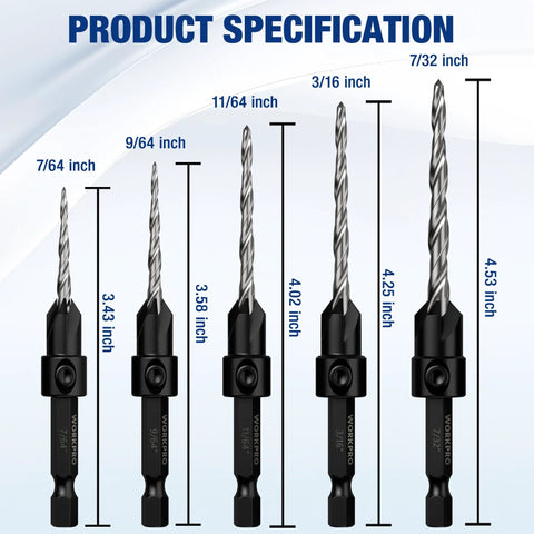 WORKPRO five-pack countersink drill bits set in black holders, sizes #4–#12, M2 HSS, 4-flute, with hex key
