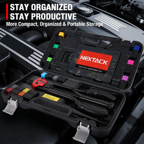 Open kit showing Pro Grade Heavy Duty M3 And M4 Mandrel Tips And Nosepiece Set With 20 Rivet Nuts