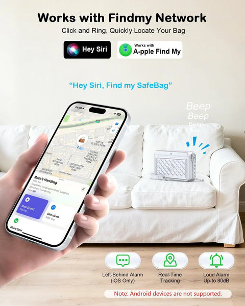 Anti Theft Fingerprint Safe Lock Bag For Women Portable Metal Phone Lock Box with FindMy feature on a couch with phone app
