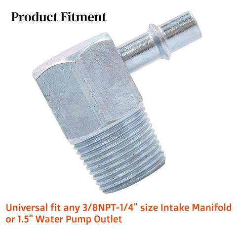 Aluminum 90-degree intake manifold vacuum fitting, 3/8 NPT to 1/4 inch hose barb