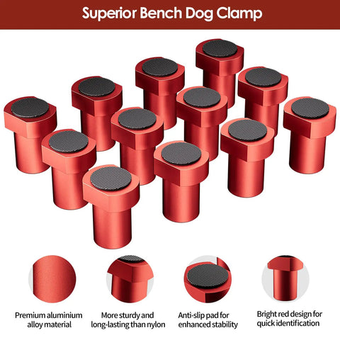 Top Shelf Workhorse Bench Dog Clamps In Twelve Pack Size For Mft Table Systems Featuring Non Slip Grips And Standard Three Quarter Inch Slots For Fast Woodworking Assembly And Heavy Duty Performance