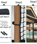 Setup steps for Heavy Duty Nylon Golf Practice Net For Indoor And Outdoor Use with ropes and mounted net near a backyard pool