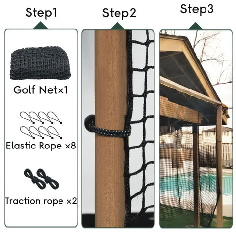 Setup steps for Heavy Duty Nylon Golf Practice Net For Indoor And Outdoor Use with ropes and mounted net near a backyard pool