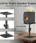 Illustration of Heavy Duty Desktop Speaker Stands Pair With Height And Angle Adjustable Design on desk with speaker.