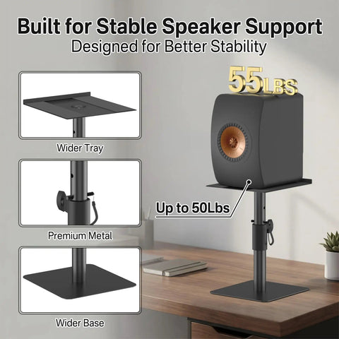 Illustration of Heavy Duty Desktop Speaker Stands Pair With Height And Angle Adjustable Design on desk with speaker.