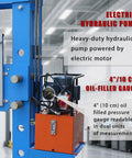 Electric hydraulic pump of Rock Solid 150 Ton Electric Hydraulic Shop Press with 4" oil-filled gauge for precision measurements.