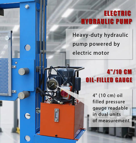 Electric hydraulic pump of Rock Solid 150 Ton Electric Hydraulic Shop Press with 4" oil-filled gauge for precision measurements.