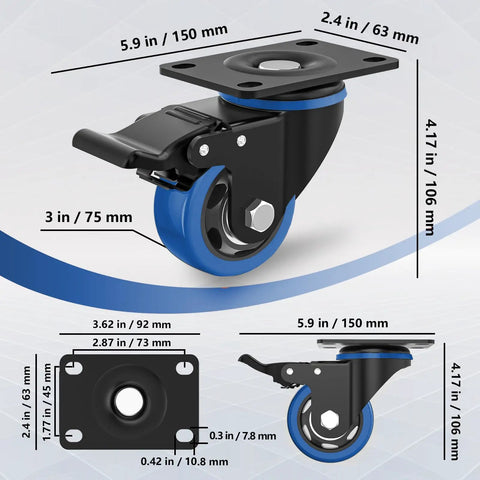 Heavy Duty 3 Inch Swivel Caster Wheels Set Of Four With Dual Locking Plate Casters And Double Ball Bearings diagram