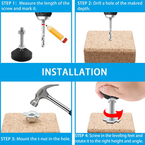 Installation steps for Shop Grade Adjustable Leveling Feet With T Nut Bolts, including measuring, drilling, and mounting.