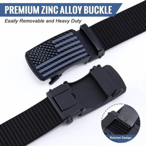 Mens Black Ratchet Belt Nylon Tactical Belt With Automatic Slide Buckle For Everyday Casual Wear And Golf, zinc alloy buckle detail