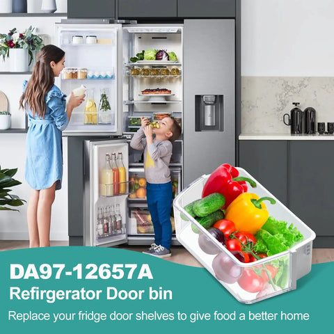 Child reaching for food from open refrigerator with Left Door Refrigerator Shelf Replacement For Compatible Models PS4176661 DA63-06867 AP5621270 RF260BEAESG RF261BEAESP RF262BEAESR Easy Install No Fuss Durable Door Shelf For Left Side.