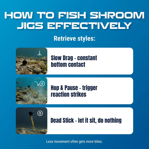 Illustration showing retrieve styles for shroom jigs: slow drag, hop & pause, dead stick