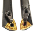 Front view of two black 5/8in x 7in turning tool indexable boring bars with gold carbide inserts.
