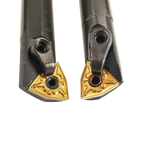 Front view of two black 5/8in x 7in turning tool indexable boring bars with gold carbide inserts.