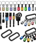18 Piece Drill Bit Holder Kit With 11 Bit Holder Keychains, 3 Impact Socket Adapters In 1/4, 3/8, 1/2, 3 Quick Hex Shanks, 105 Degree Right Angle Driver