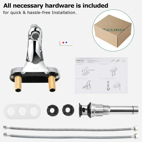 Single Handle Mid Arc Centerset Bathroom Sink Faucet With Chrome Finish Metal Push And Seal Drain cUPC Certified NSF 61 Lead Free 4 Inch Centerset 3 Hole Mount Includes Faucet Supply Lines Easy Temperature Control installation kit
