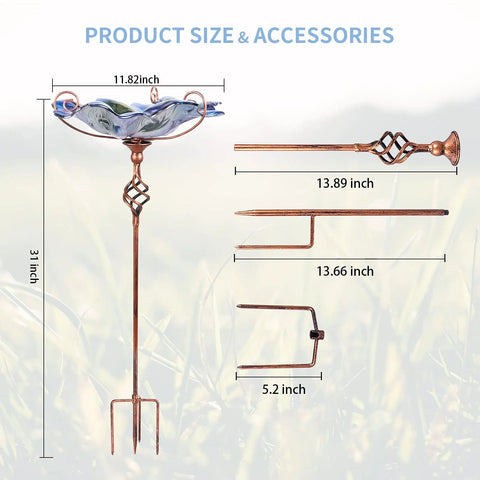 Glass Bird Bath With Metal Stake Garden Decor For Outdoor Vibe, Waterproof And Weather Resistant, Easy To Assemble And Move, Durable Four Prong Base Of Stainless Steel, Colorful Glass Flower Bowl Design To Attract Birds